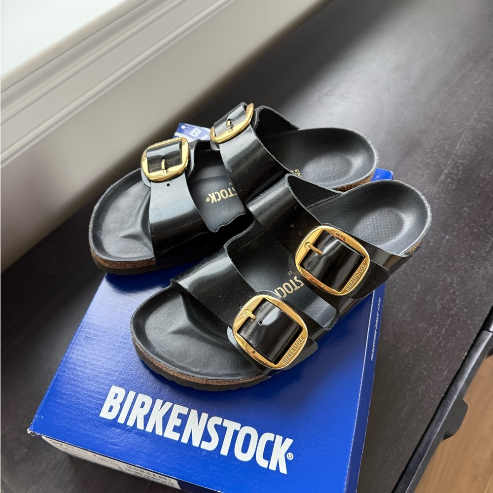 Birkenstock Black Big Buckle Arizona Patent Sandals 39 EU / 8.5 US